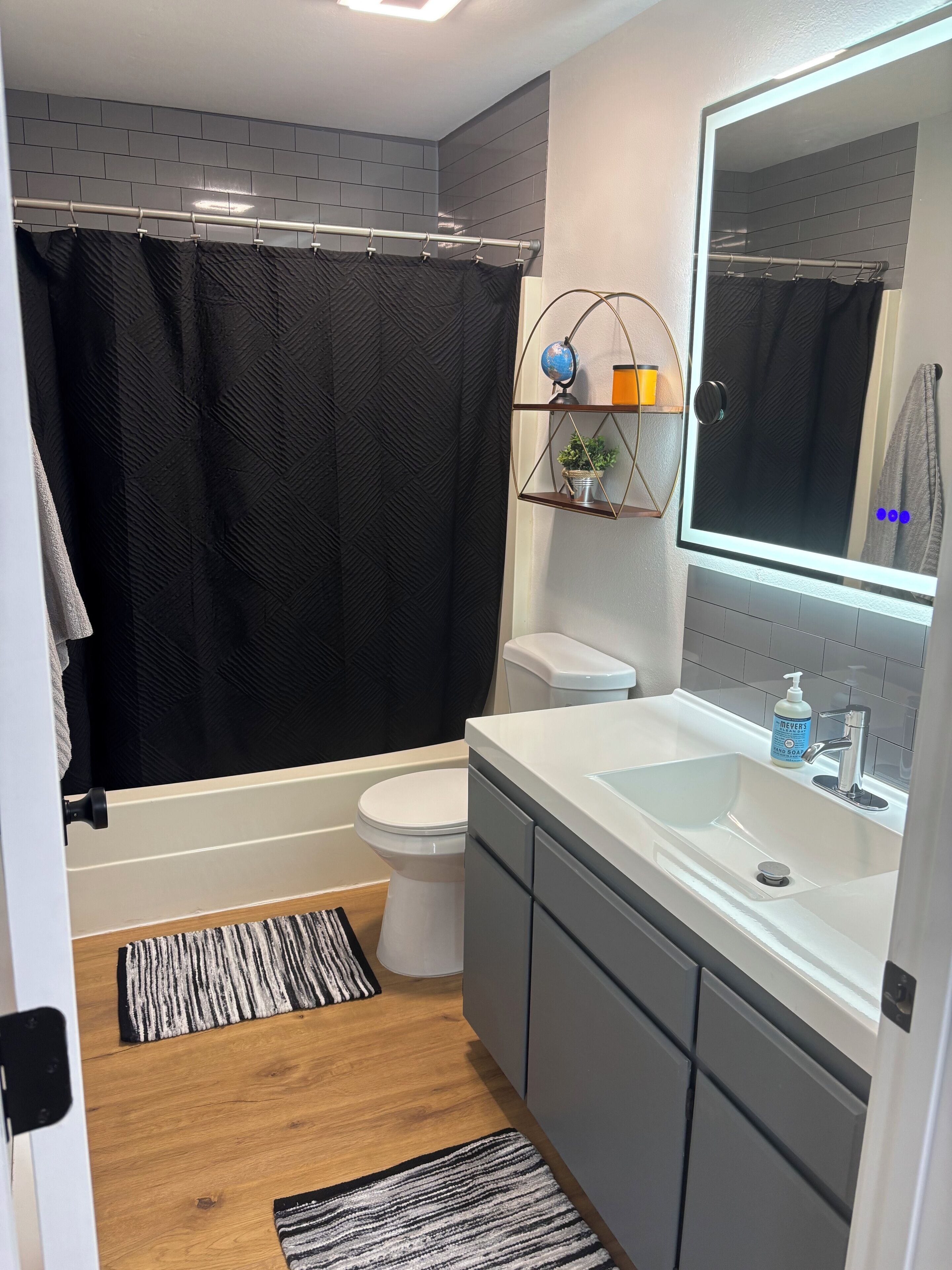 Hair dryer, towels, soap, toilet paper