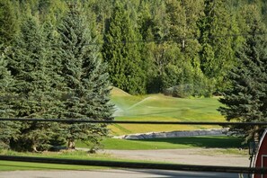 A view of a golf course with a road in the foreground and dense forest in the background.