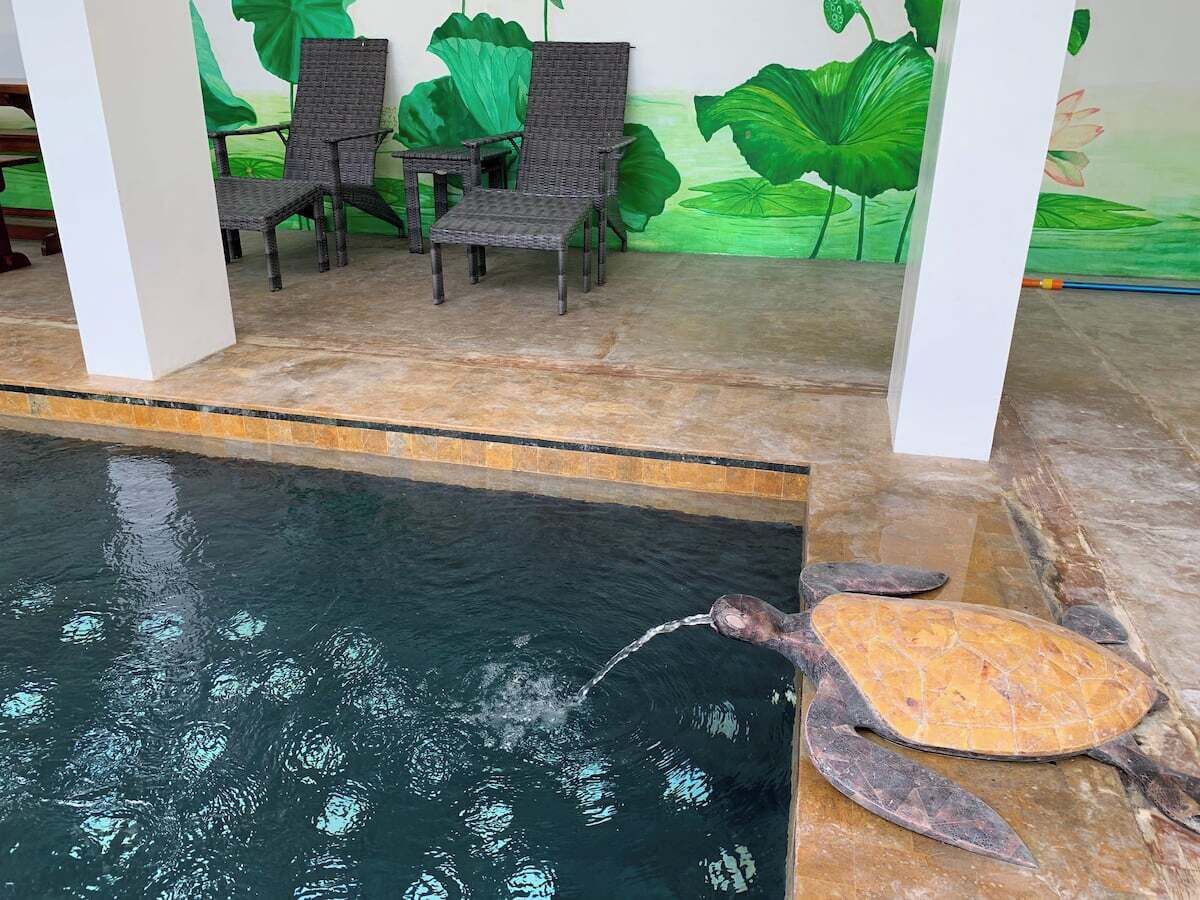 An indoor pool with a turtle, lounge chairs, and a mural of green leaves.