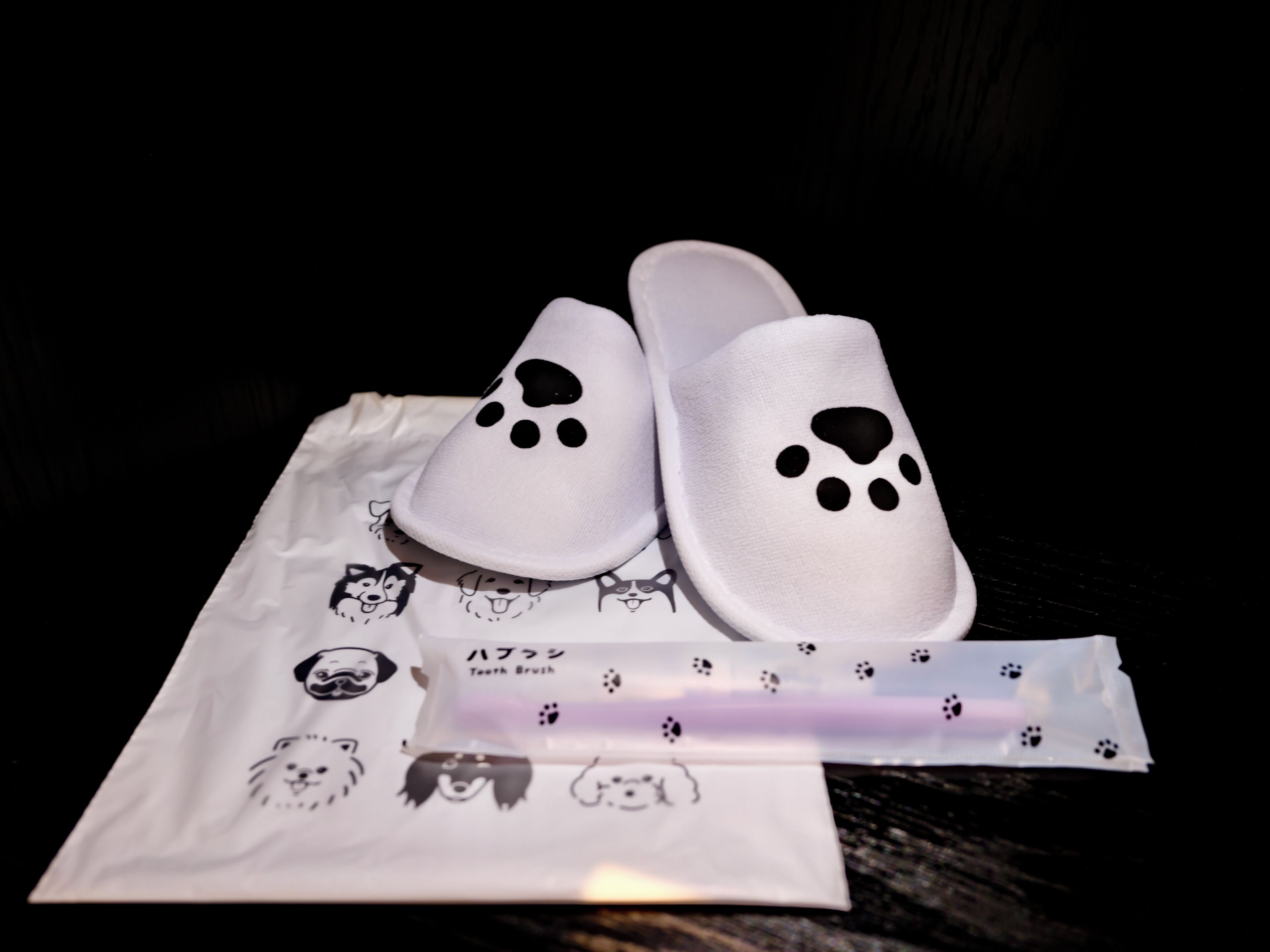 A pair of white slippers with black paw prints and a teeth brush on a white cloth with dog illustrations.