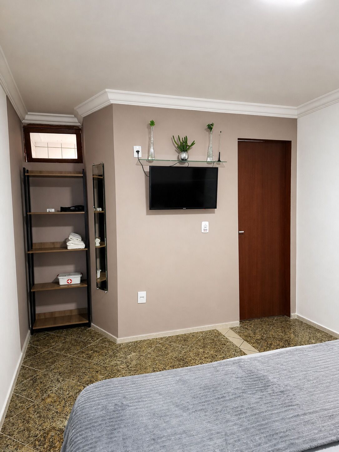 A bedroom with a bed, a TV mounted on the wall, a wooden door, and a shelf with plants.