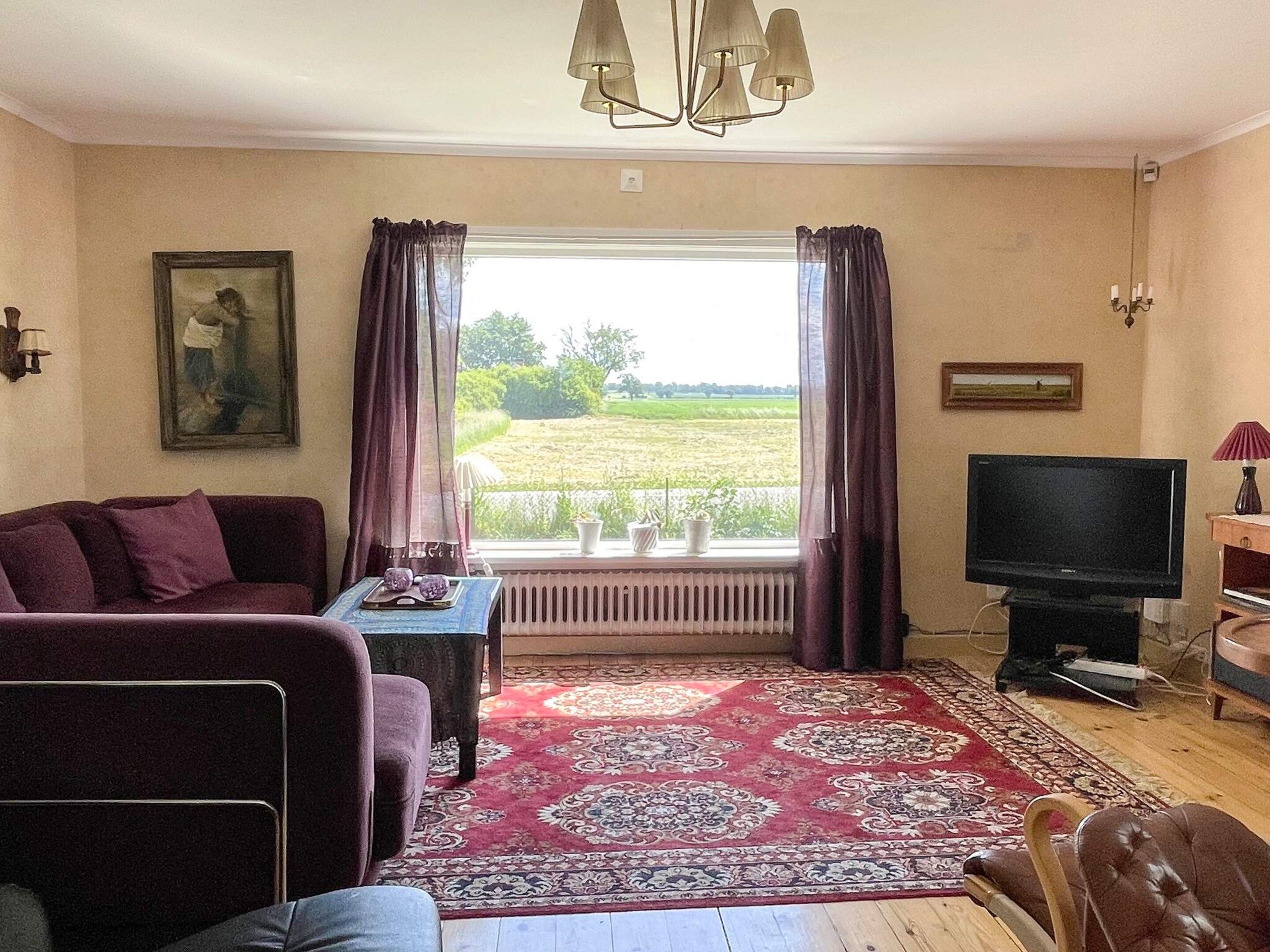 Un salon comprenant un canapé, un téléviseur, un tapis à motifs et une vue sur un champ verdoyant par la fenêtre.