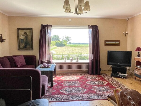 Ein Wohnzimmer mit einer Couch, einem Fernseher, einem gemusterten Teppich und Blick auf ein grünes Feld durch ein Fenster.