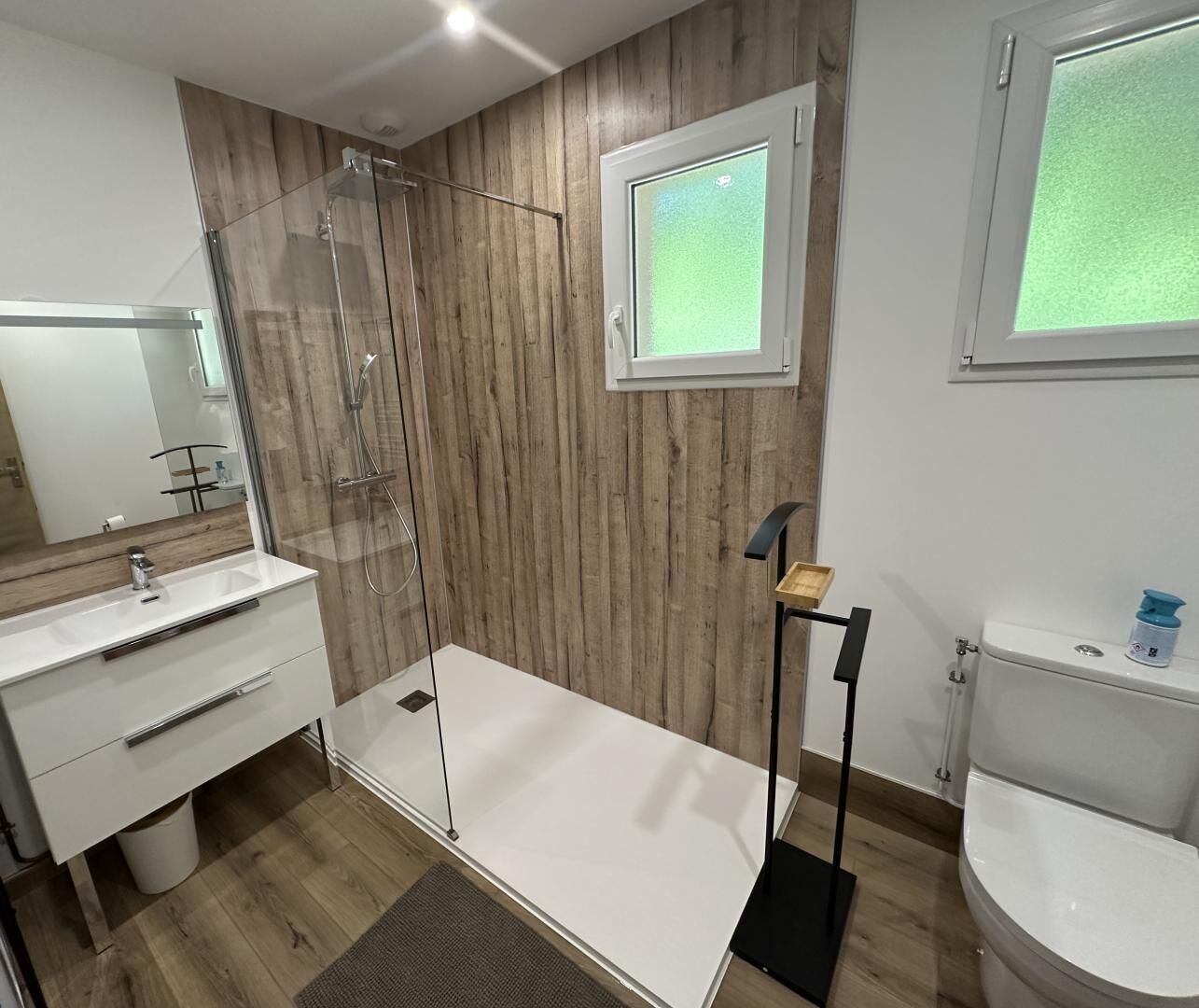 A modern bathroom with a glass shower enclosure, a white sink, and a toilet.