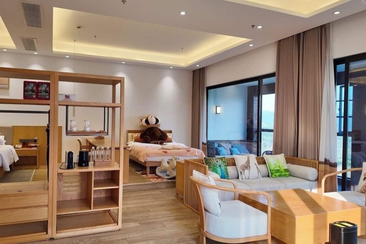 A hotel room with a bed, a sofa, a wooden shelf unit, and a large window.