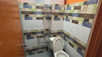 Shower, towels, soap, toilet paper