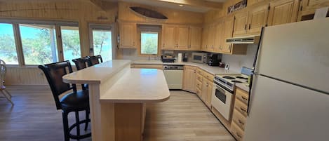 Coffee/tea maker, fridge, microwave, oven