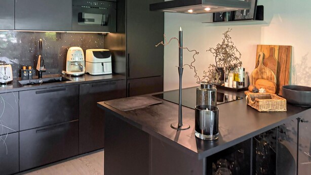 Een moderne keuken met donkere kastjes, een ingebouwde oven, een koffiezetapparaat en een decoratieve plant.