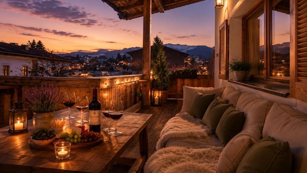 A cozy outdoor seating area with a wooden table, cushions, and a view of a town and mountains at dusk. - Modern vacation home near the gondolas (Kirchberg in Tirol)