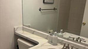 Ein Badezimmer mit Toilette, Waschbecken und Spiegel.