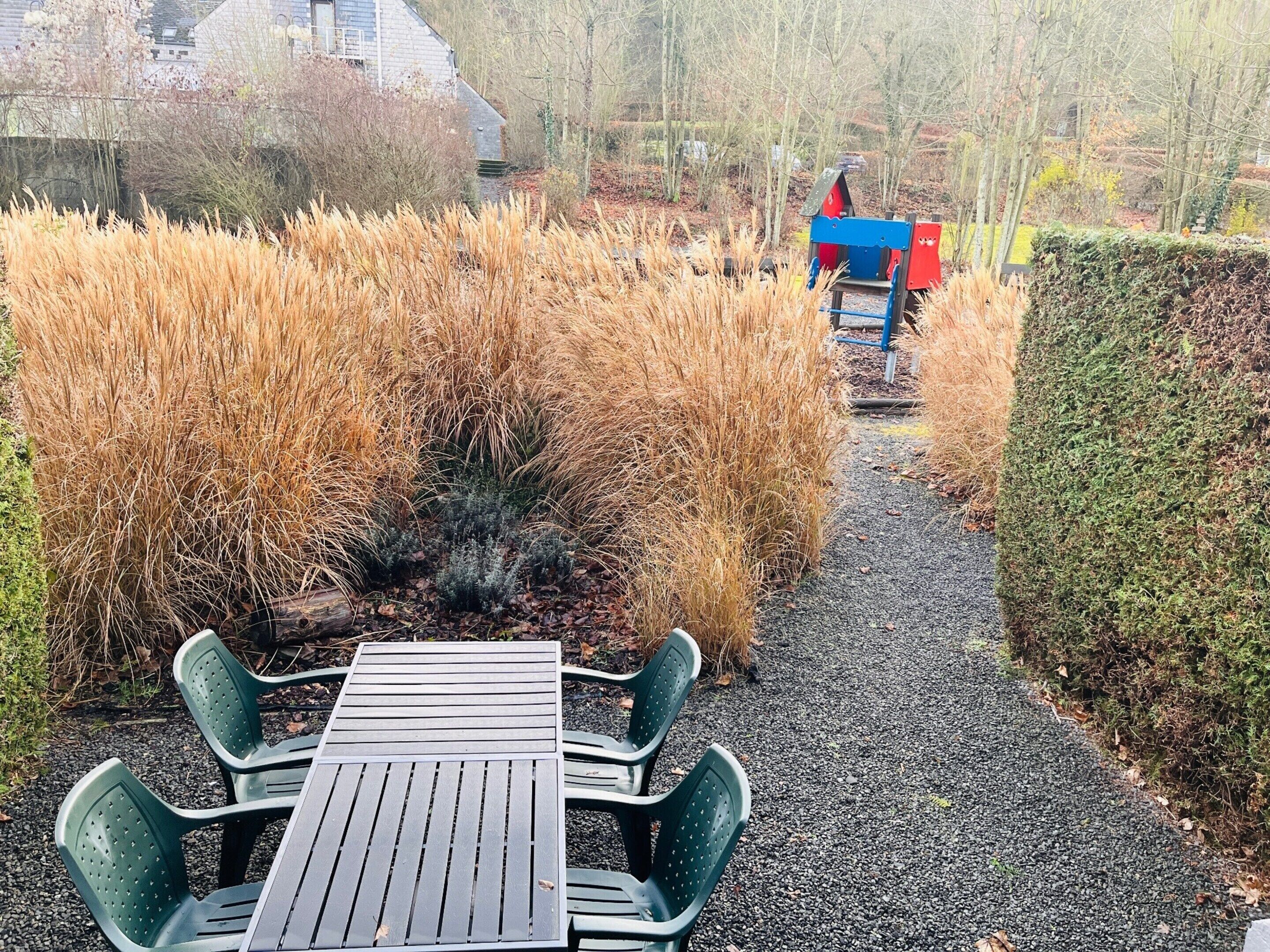 A gravel path leading to a wooden table with chairs, surrounded by tall grasses and a hedge.