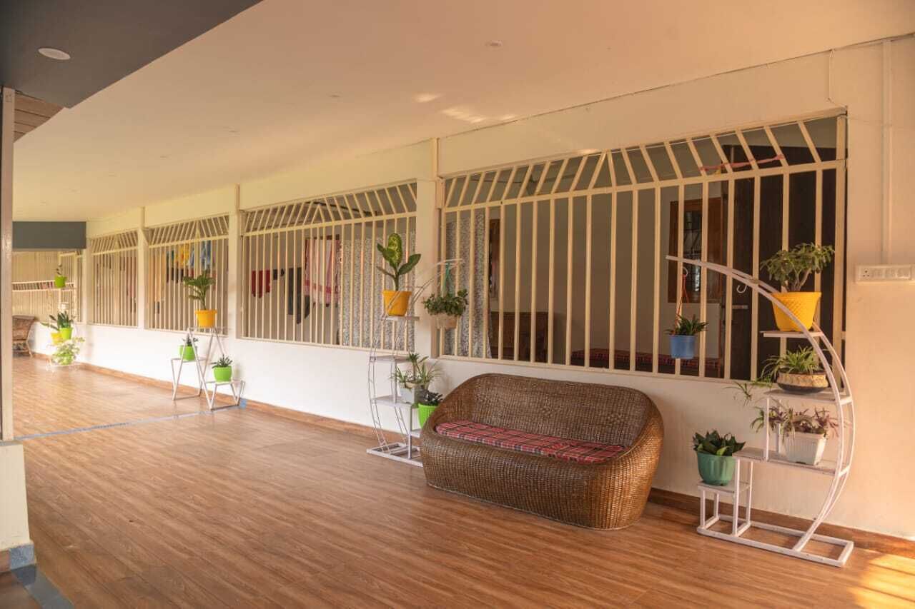 A spacious room with a wooden floor, a wicker sofa, and multiple potted plants.