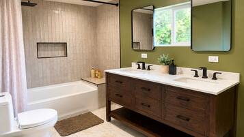 Hair dryer, towels, soap, shampoo
