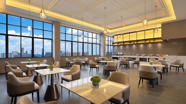 A modern restaurant with a high ceiling, large windows, and a city view.