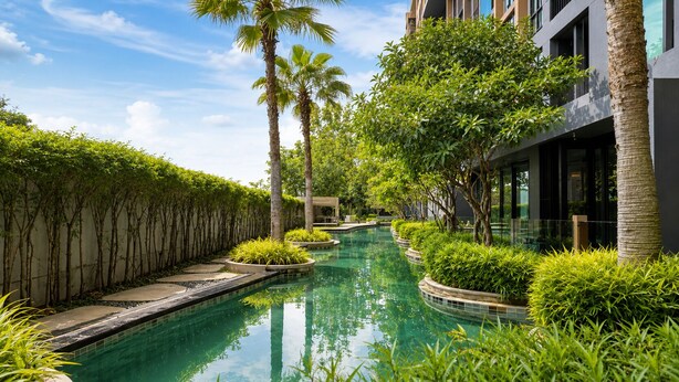 A swimming pool with a curved design, surrounded by lush greenery and palm trees. - Aristo 1BR Coastal Escape in Surin Beach (Tambon Choeng Thale)