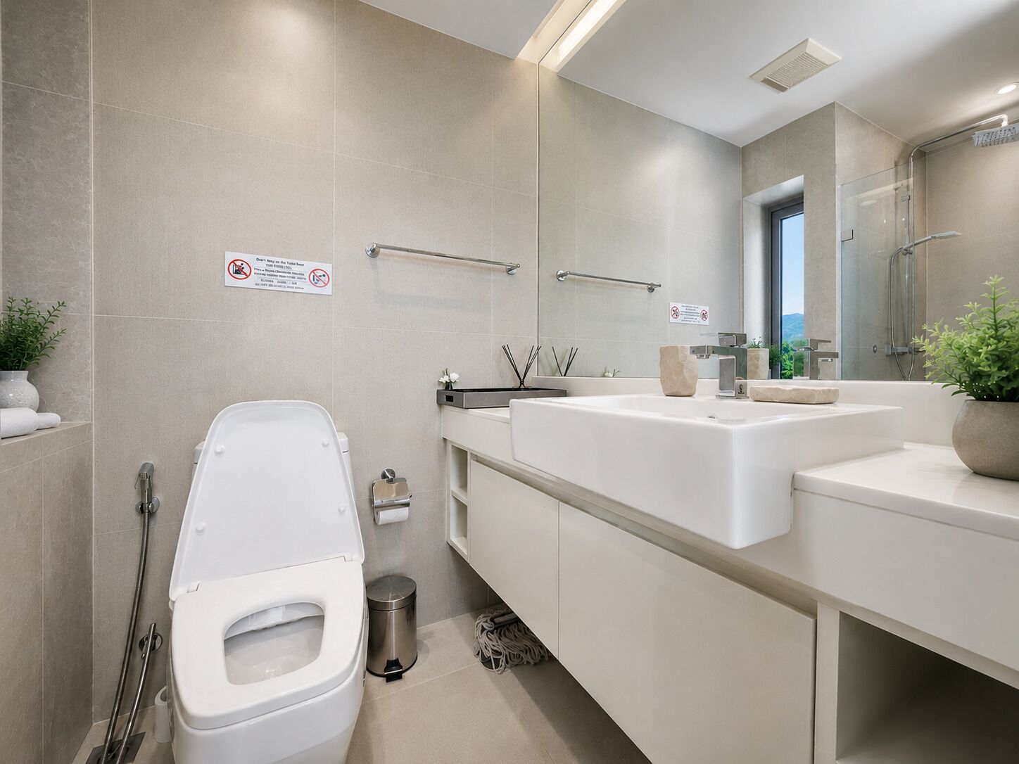 A modern bathroom with a toilet, bidet, and two sinks.