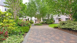 A paved pathway leading to a building with a modern architectural style, surrounded by lush greenery and flowering plants.