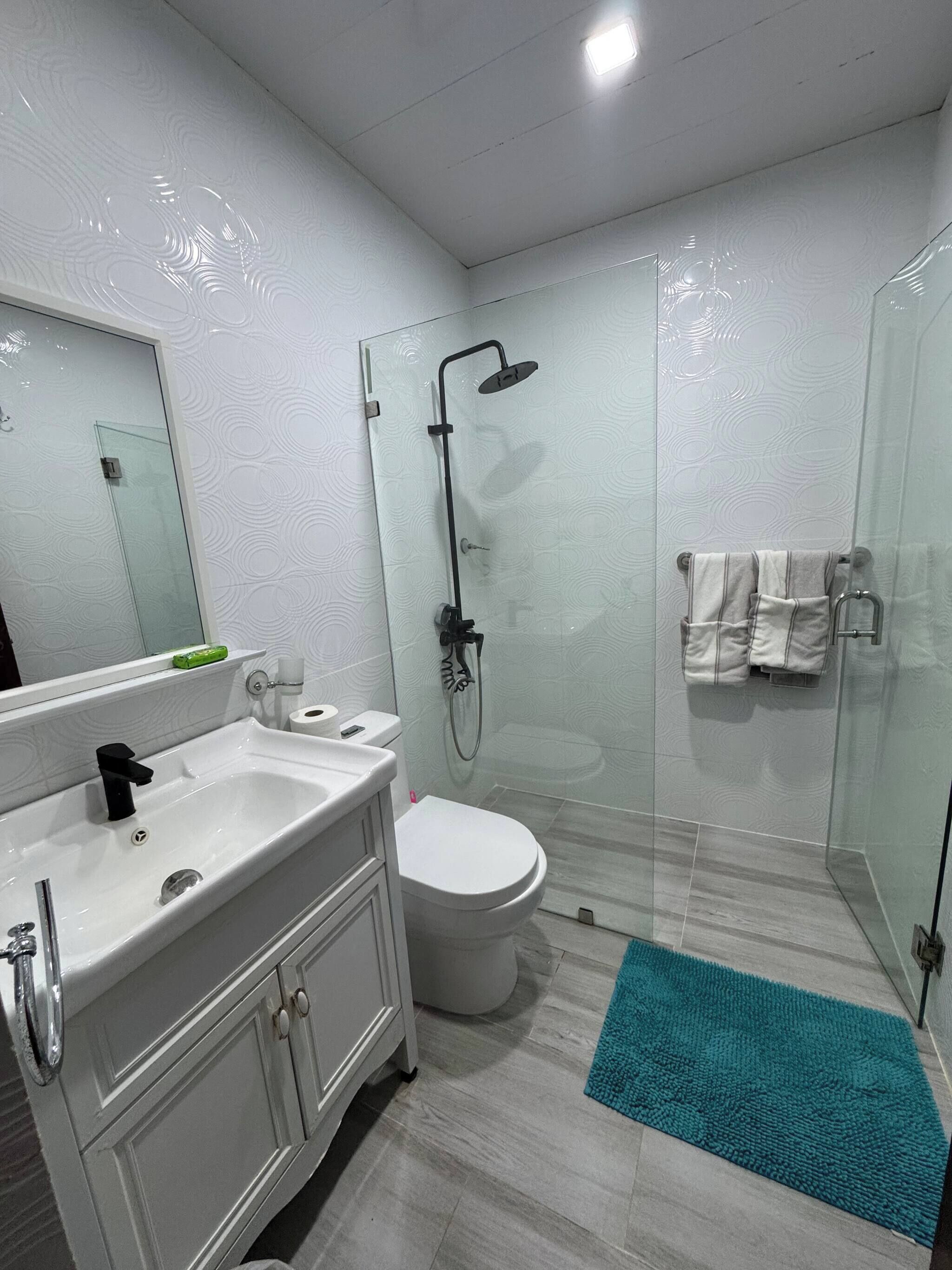 A modern bathroom with a glass-enclosed shower, a white sink, and a toilet.
