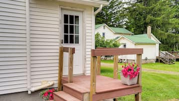 A wooden porch with steps leading to a door, a potted plant with flowers, and a green roofed house in the background.