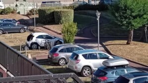Ein Parkplatz mit Autos, einer Flagge und Blick aufs Meer.