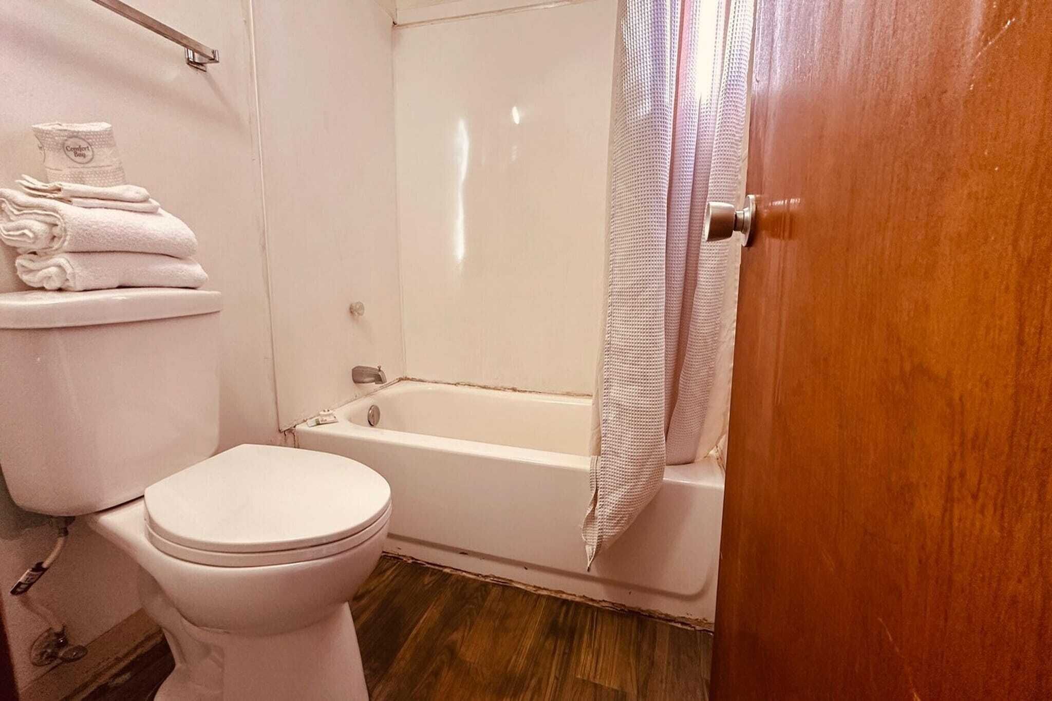 Een badkamer met toilet, bad en douchegordijn.