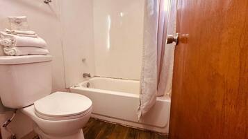 Een badkamer met toilet, bad en douchegordijn.