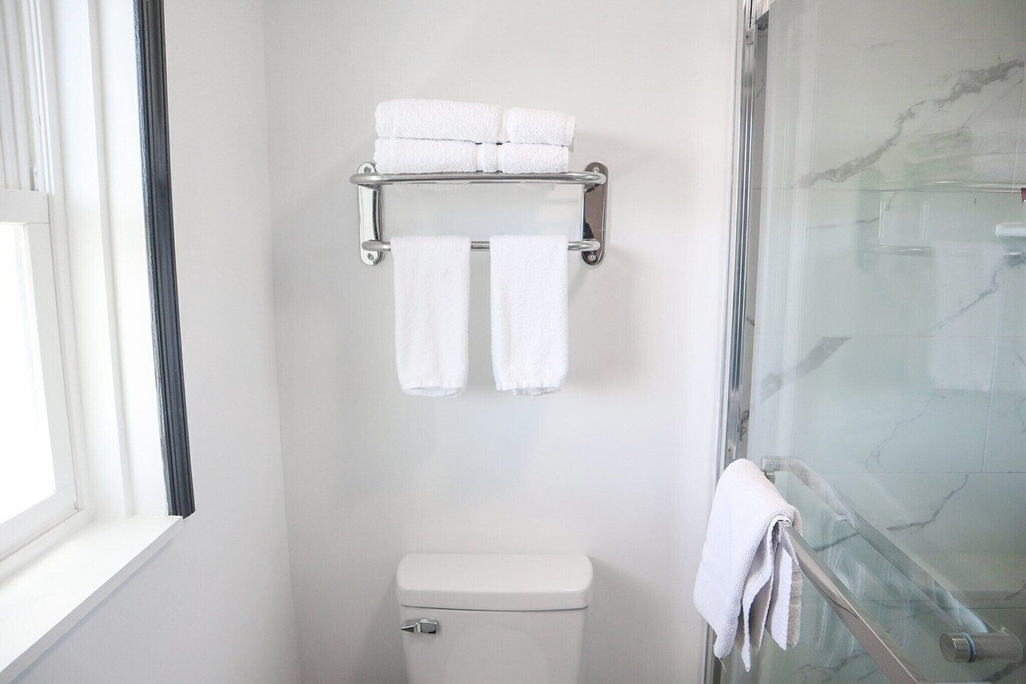 A bathroom with a toilet, a glass shower enclosure, and a towel rack with towels.