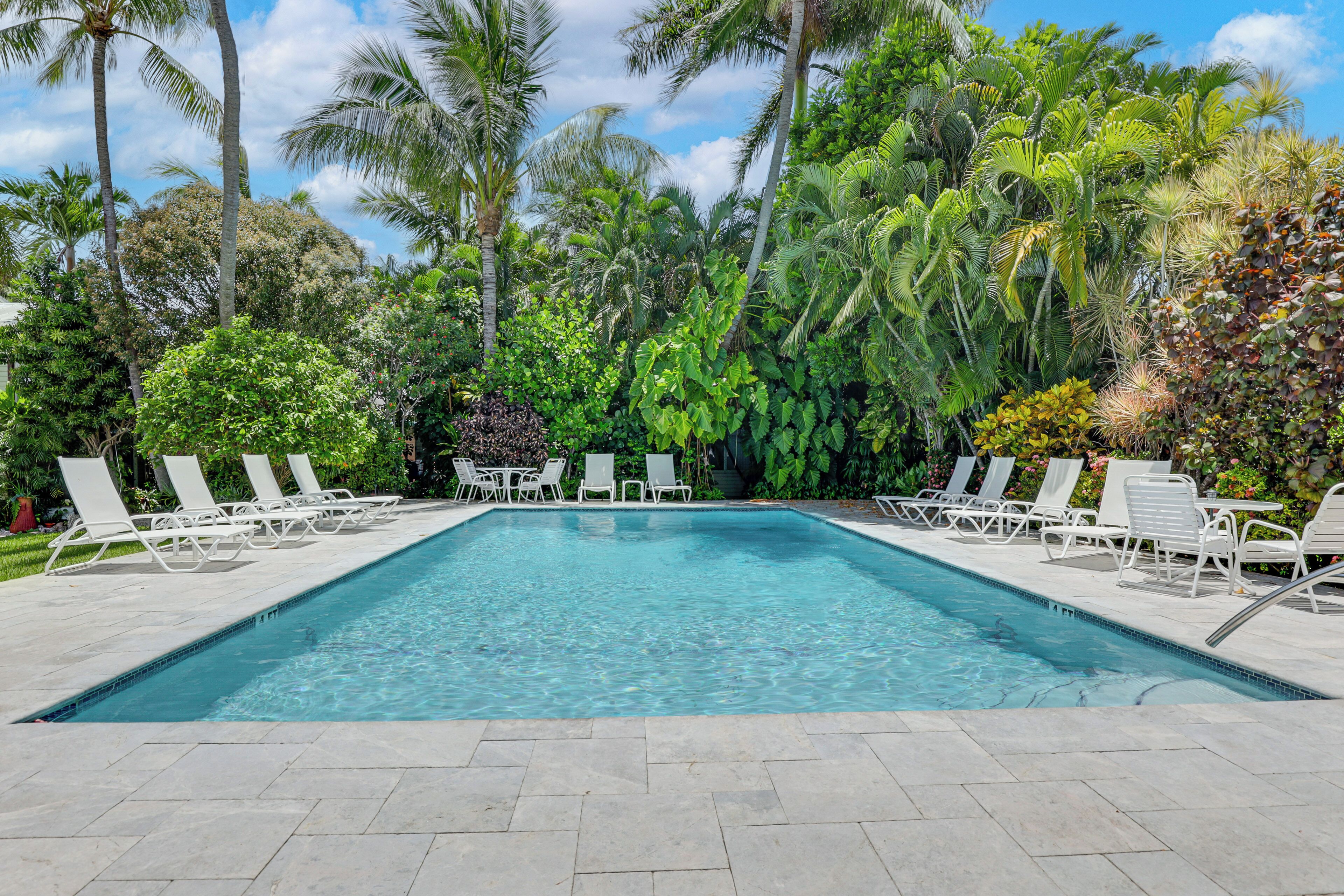 A rectangular swimming pool with clear blue water, surrounded by white lounge chairs and palm trees.