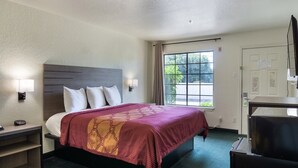 Ein Hotelzimmer mit Bett, Nachttischen, einem Fenster, einer Tür und einem Fernseher.