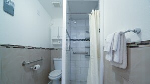 Een badkamer met toilet, douche en handdoekhouder.