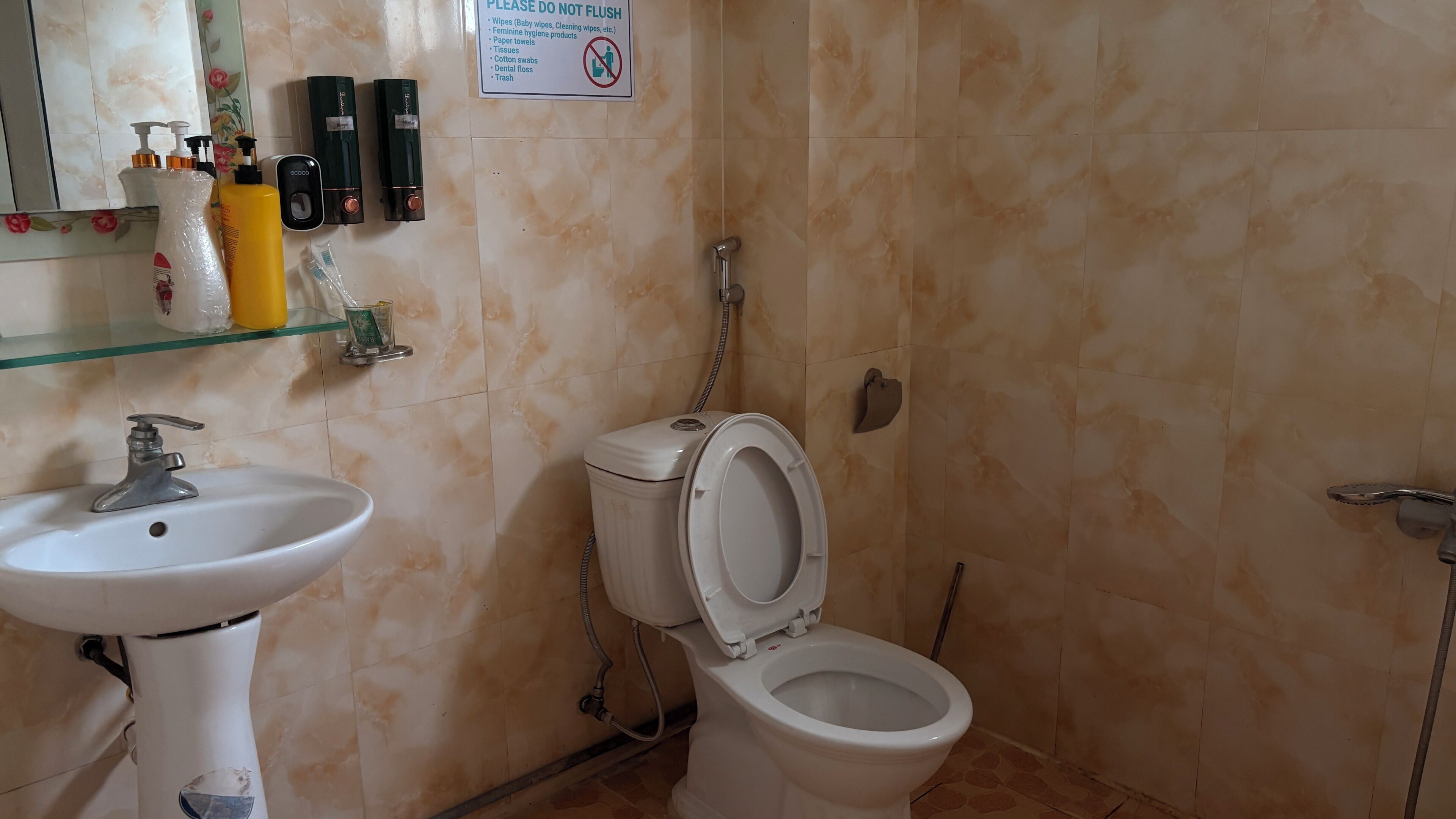 A bathroom with a toilet, bidet, sink, and hygiene products on the wall.