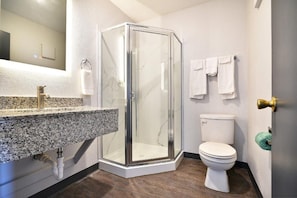 A bathroom with a glass-enclosed shower, a white toilet, a granite countertop, and a mirror. - Queen Bed | Non smoking (Shreveport LA)