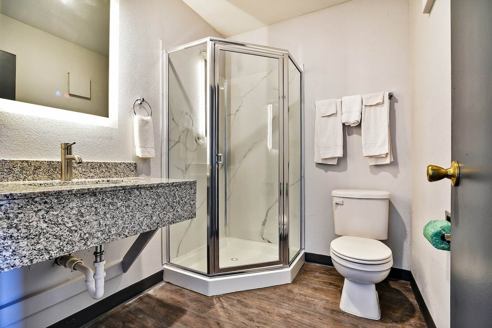 A bathroom with a glass-enclosed shower, a toilet, and a sink with a granite countertop.