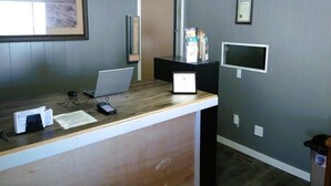 Un comptoir d’accueil avec un ordinateur portable, un téléphone et une souris d’ordinateur. Des certificats encadrés sont accrochés au mur, et un téléviseur est fixé au mur.