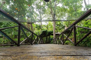 A wooden bridge with a metal framework, surrounded by dense green foliage. - The Glens Tagaytay (Tagaytay)