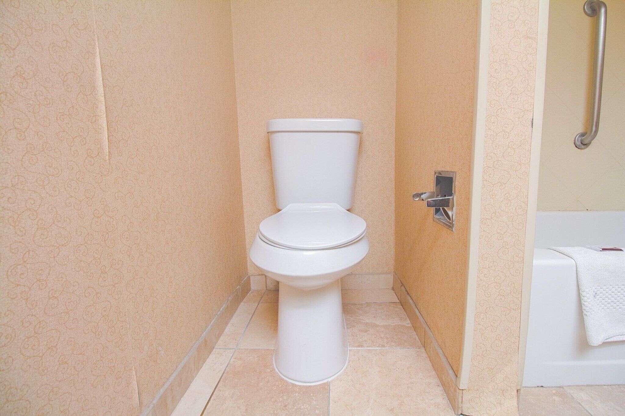 A bathroom with a toilet, a handrail, and a bathtub.