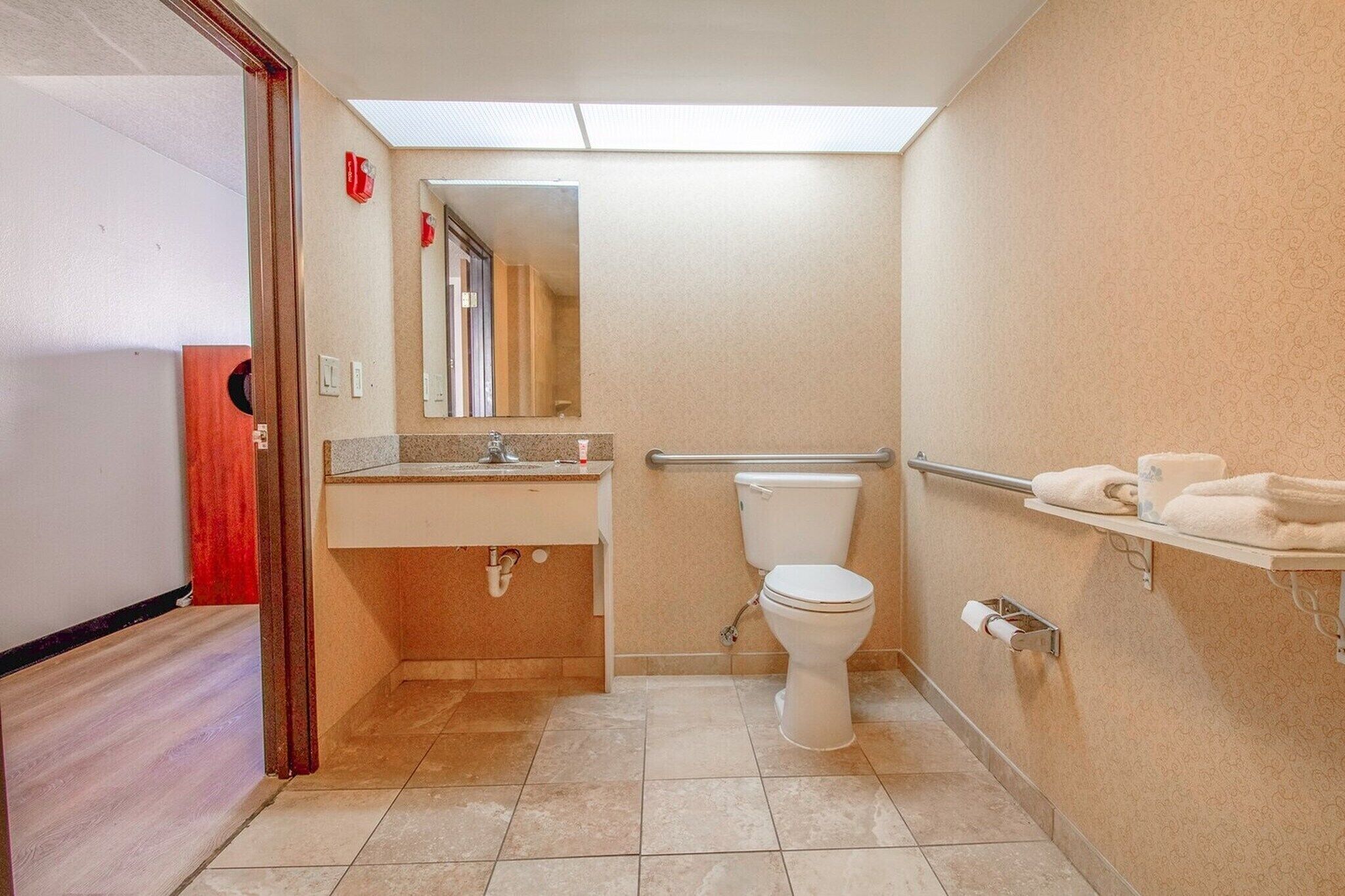A bathroom with a toilet, sink, and towel rack.