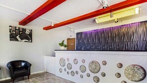 Un área de recepción con una butaca de cuero negro, una planta colgante, un mostrador de recepción y una pared con diseños circulares.