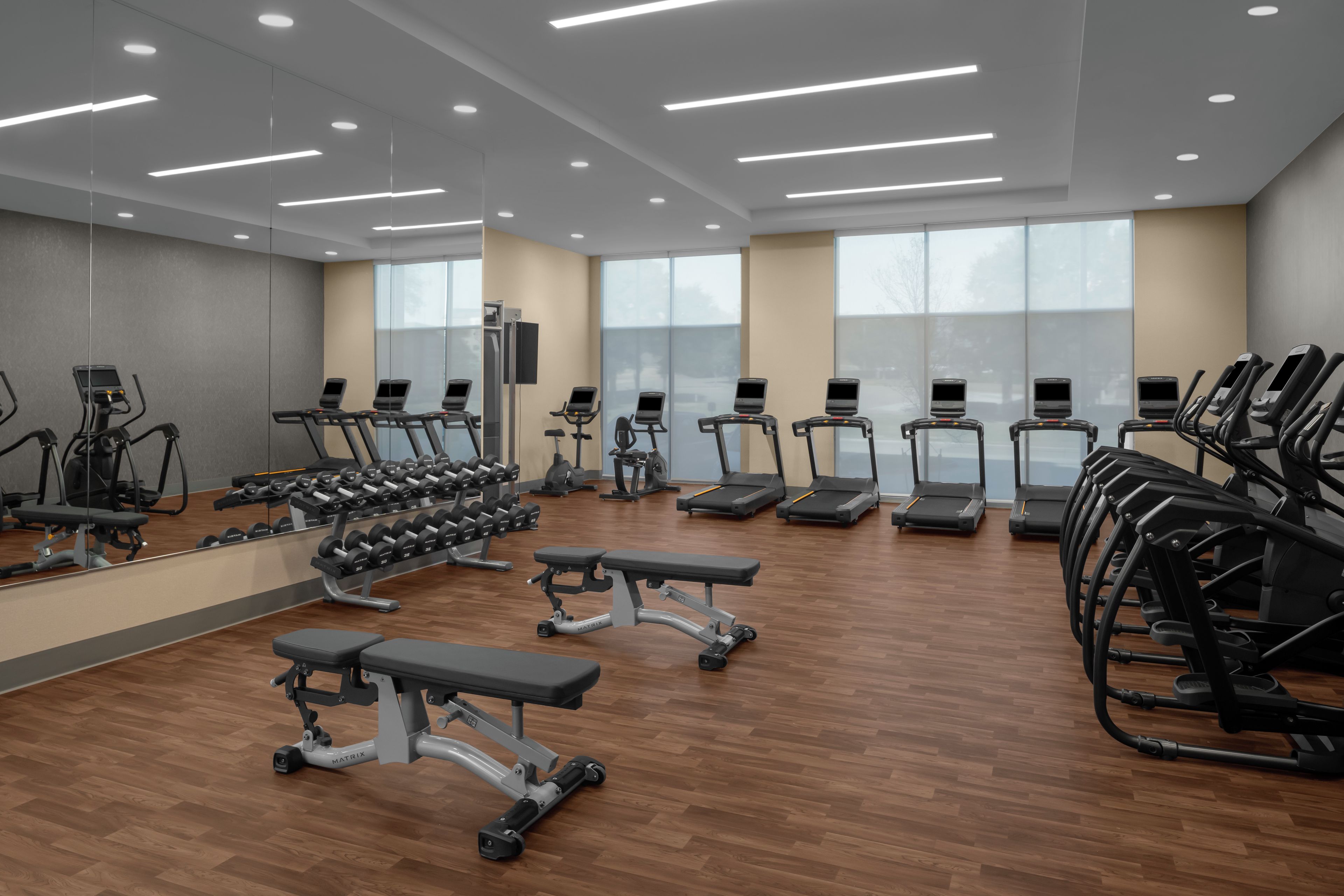 Un gimnasio con cintas de correr, bancos de pesas y mancuernas.