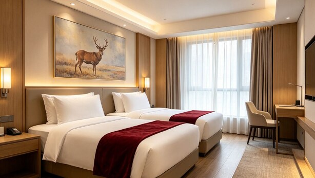 Habitación de hotel con dos camas, un escritorio, una silla, un cuadro de un ciervo y una ventana grande con cortinas.