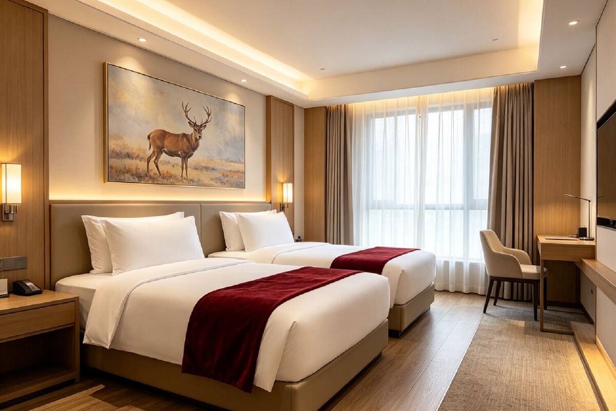 Ein Hotelzimmer mit zwei Betten, einem Schreibtisch, einem Stuhl, einem Hirschbild und einem großen Fenster mit Vorhängen.