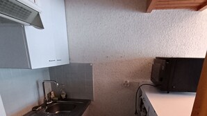 Une cuisine de taille réduite équipée d’une cuisinière à gaz, d’un évier et d’un four à micro-ondes.