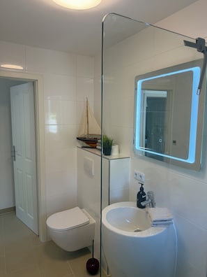 Dusche, Haartrockner, Handtücher, Seife