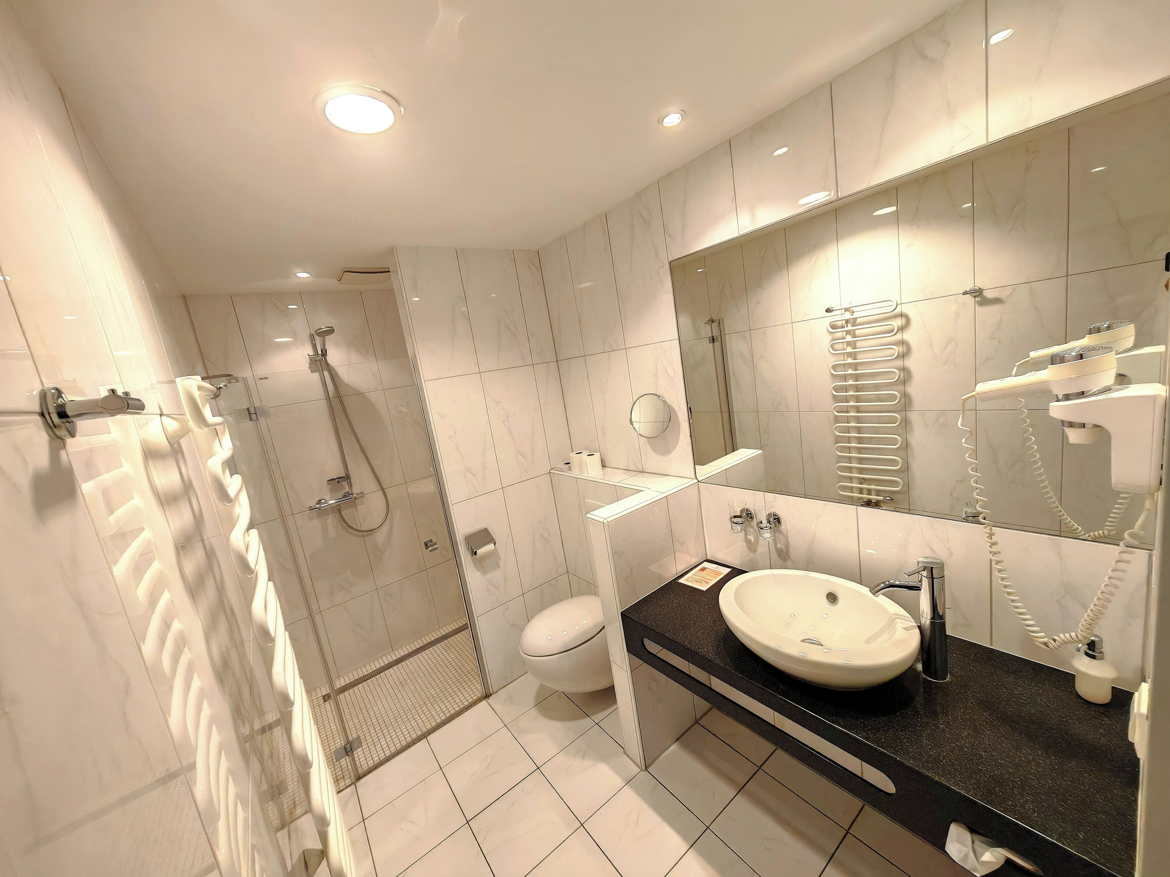 Un bagno moderno con doccia a filo pavimento, un WC, un lavandino e uno specchio.
