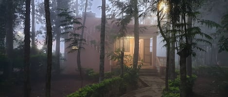 A pathway leading to a building surrounded by trees in a foggy setting.