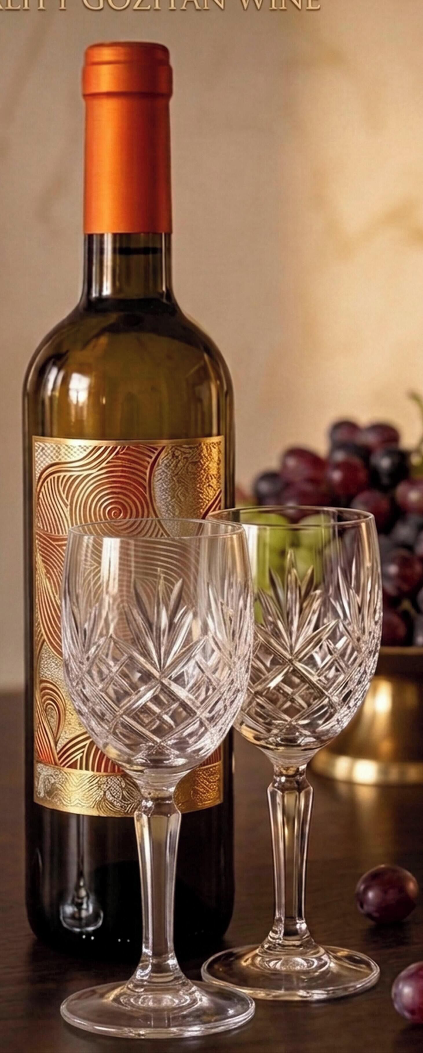 Una botella de vino con etiqueta decorativa, dos copas de cristal para vino y un cuenco con uvas.
