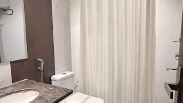 Shower, free toiletries, hair dryer, towels