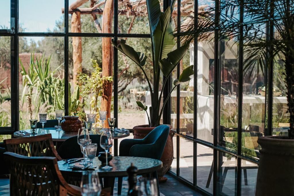Un comedor interior con amplios ventanales, mesas dispuestas con vasos y cubiertos, y plantas en macetas.