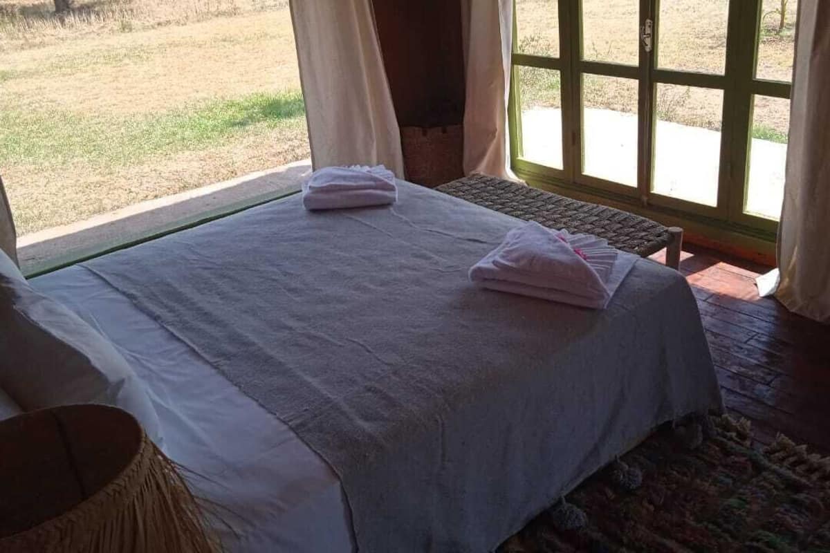 A bed with white linens, a window with curtains, and a view of a grassy area.