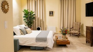 A hotel room with a bed, a potted plant, a chair, a TV, and a small table with a vase of flowers. - Private Spa & Charming Patio (Near Avignon & the Vineyards) (Roquemaure)